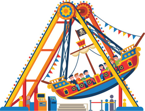 Exciting amusement ride at a vibrant theme park, a pirate ship amusement attraction swinging high at a funfair
