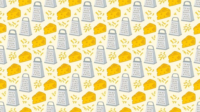 Seamless pattern with yellow cheese wedges and metal kitchen graters