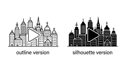 Obraz premium Cityscape Illustrations: Two distinct graphic illustrations present a cityscape, one in an outline version and the other as a silhouette.
