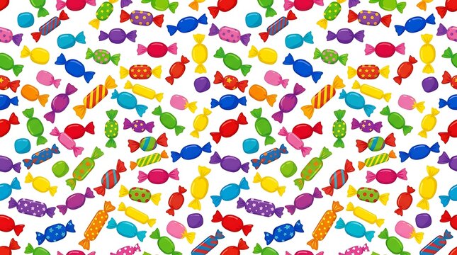 Colorful wrapped candies seamless pattern on white background