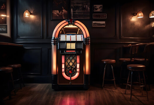 Vintage illuminated jukebox in a dimly lit bar with stools and wall art, retro entertainment and nostalgia, the classic music machine features glowing lights and intricate details