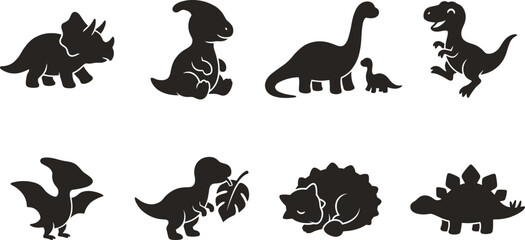 Cute Dinosaur Silhouette Collection Set with Prehistoric Animal Characters and Cartoon Vector Icons © MD