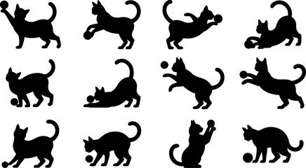 Obraz premium Set of cat silhouettes playing with balls in various poses