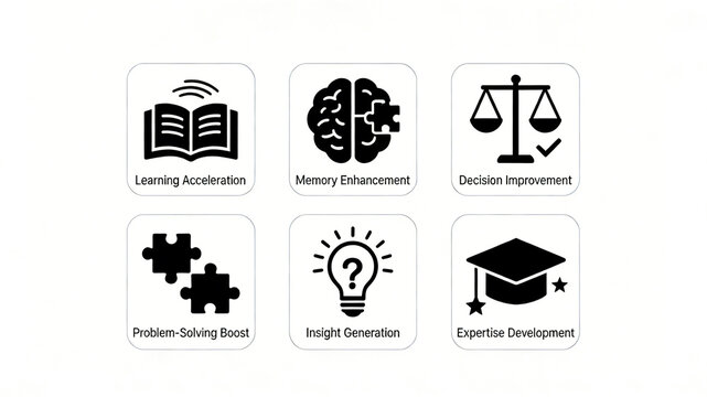The icons related to advanced cognitive learning represent the concepts of accelerating learning, strengthening memory, optimizing decision-making, and professional skill reserves.
