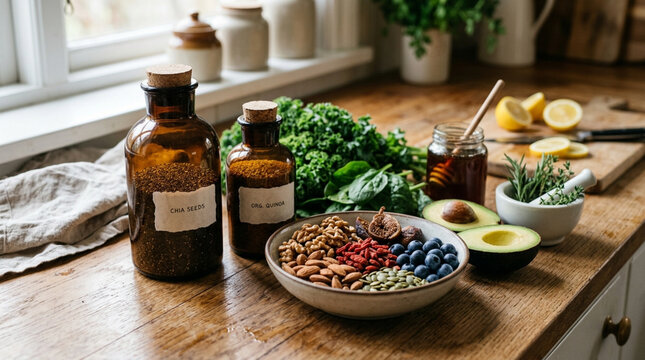 Healthy Food Ingredients: Nuts, Berries, Greens, Honey, Avocado, Herbs