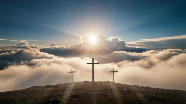 Three Crosses on Hilltop Above Clouds Seamless Loop