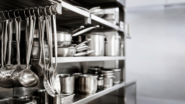 Professional stainless steel kitchenware on shelves in a commercial restaurant setting, ready for use