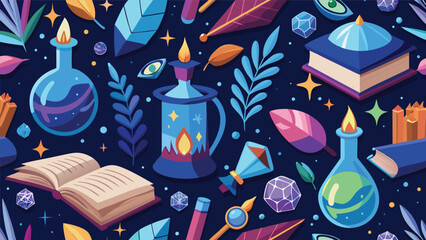 Seamless pattern of magic potion bottles and spell books with witchcraft seamless background mystical esoteric grimoire mysterious supernatural elements wallpaper decorative illustration © shachin