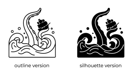 Kraken Attack: A mythical kraken's massive tentacle erupts from turbulent ocean waves, seizing a sailing ship in its powerful grip. Two artistic representations. © akash