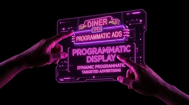 Neon Digital Interface Display for Programmatic Advertising Concepts.