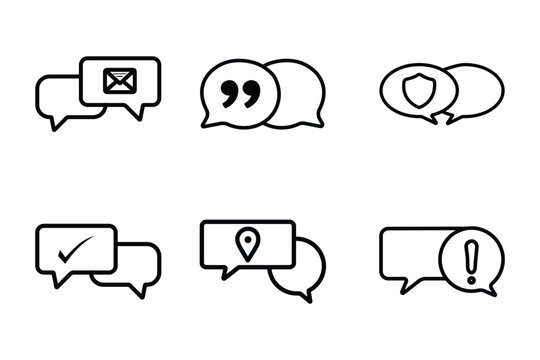 Speech bubble icons set featuring six minimalist communication symbols, including email, shield, and checkmark, for professional UI interface design.