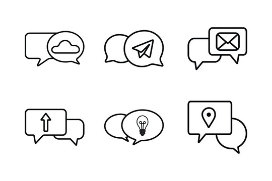 Chat message icons set featuring six minimal line communication bubbles with cloud, envelope, paper plane, arrow, lightbulb, and location symbols.
