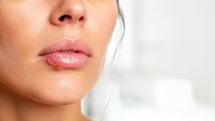 Fototapeta premium Close-up of a painful cold sore on a woman's lip, showing a viral infection and skin condition