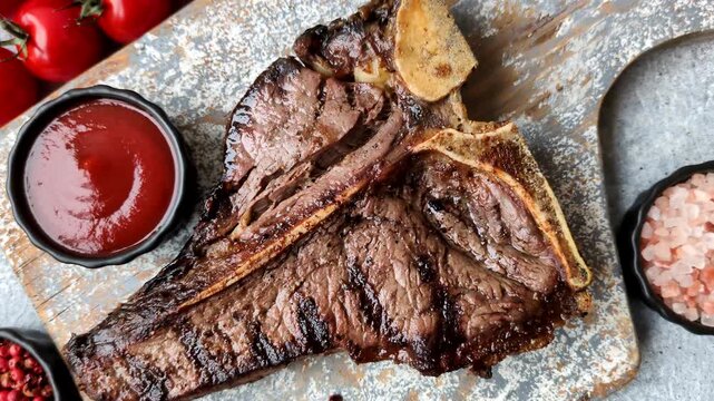 T-bone steak, beef meat grilled until done rare with salt and spices. T-bone steak