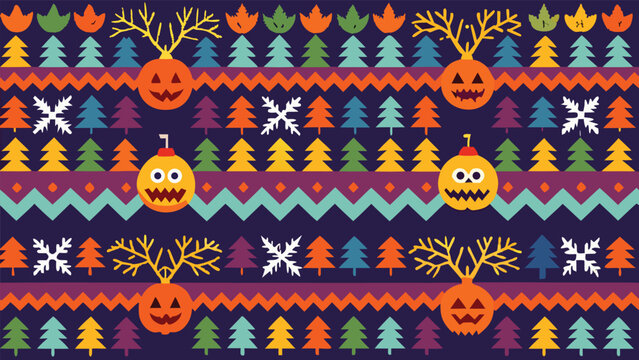 Seamless pattern of festive jack-o-lanterns and christmas trees for holiday design with seamless halloween christmas background illustration ornaments reindeer snowflake colorful wrapping