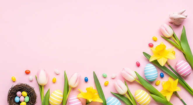 A festive easter arrangement featuring colorful painted eggs, fresh spring flowers and a small ceramic bunny