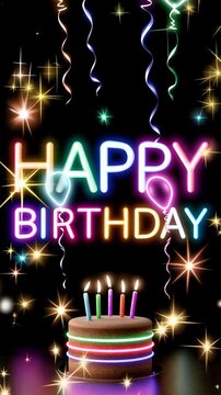 Neon Happy Birthday cake with glowing text, burning candles and floating helium balloons on a black background, vertical video featuring a vibrant festive celebration