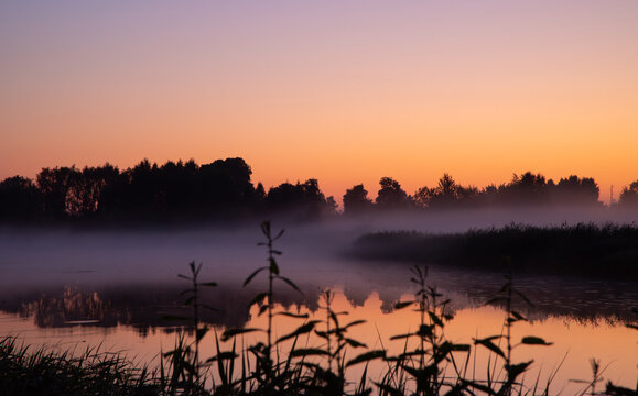 Misty lake at sunrise with old wooden pier posts, calm reflections, silhouetted trees, and a colorful dawn sky.