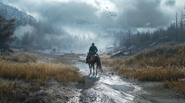 Lone cowboy rides through snowy mountain valley landscape