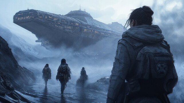 Futuristic Explorers Approach Massive Spaceship in Snowy Landscape