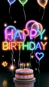 Neon Happy Birthday cake with glowing text, burning candles and floating helium balloons on a black background, vertical video featuring a vibrant festive celebration