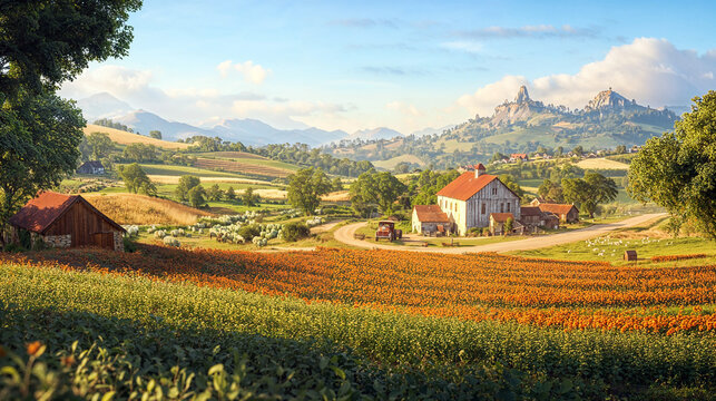 Scenic countryside landscape with farmhouse and fields