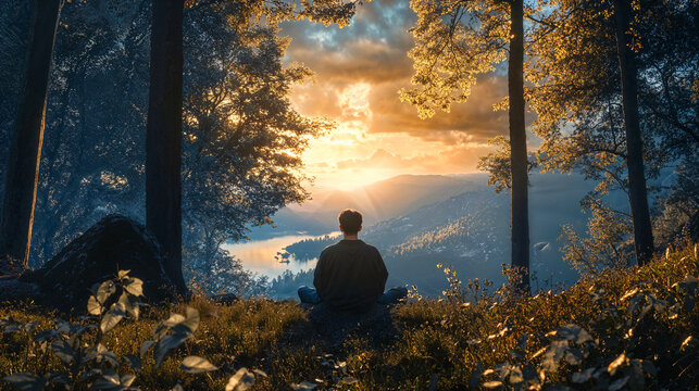 Serene meditation overlooking a scenic sunset landscape