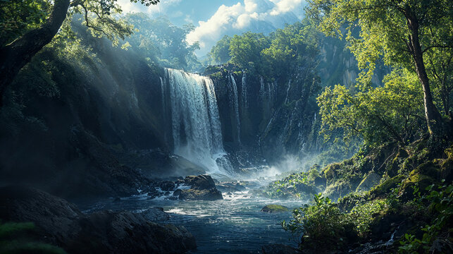 Majestic Waterfall Amidst Lush Forest Serenity