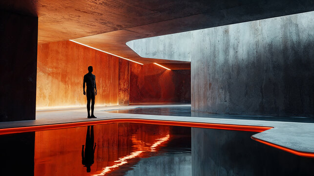 Futuristic Interior with Silhouette and Reflective Pool