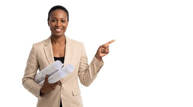 Professional African American female architect holding blueprints and pointing at empty space.