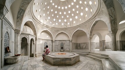 Fototapeta premium Interior of a traditional white marble turkish hammam with dome