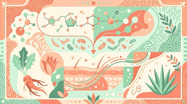 Skincare science infographic with botanical ingredients and molecules