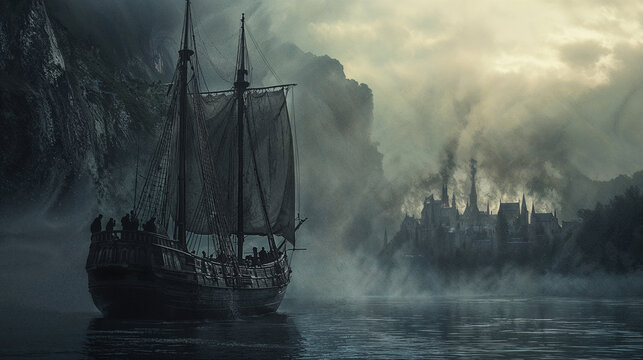 Mysterious Sailing Ship Approaches Fog-Shrouded Castle