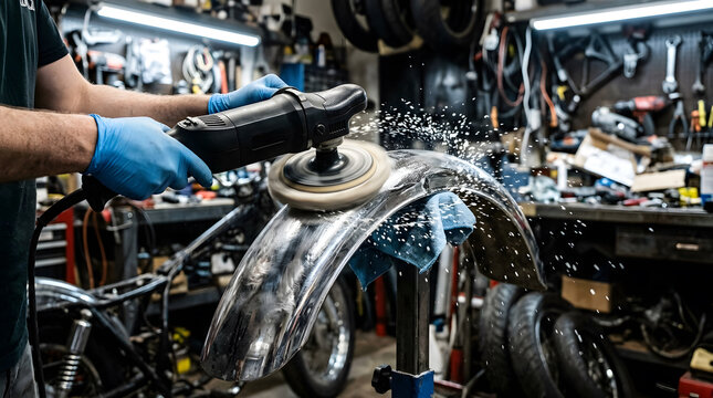 Professional mechanic using a rotary polisher machine on a chrome motorcycle fender in a gritty workshop. Detailed view of bike restoration, metal buffing, and custom maintenance services.