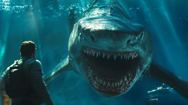 Man faces massive prehistoric shark in deep underwater encounter