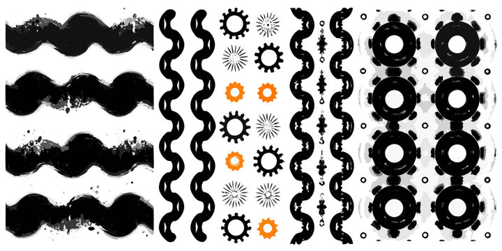 Paint splatters gear shapes and wave patterns a vector illustration