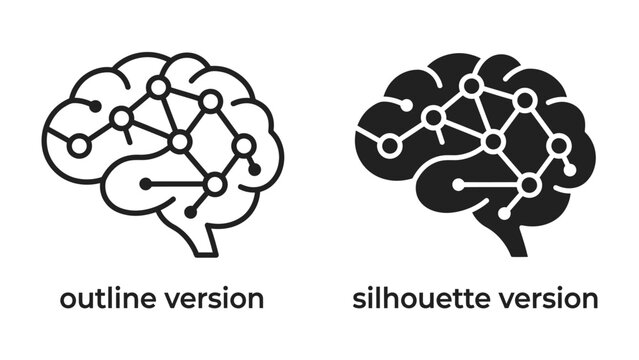 Neural Network Brain Icon: A graphic representation of a brain, depicted in both outline and silhouette versions, with interconnected nodes symbolizing a neural network or artificial intelligence.