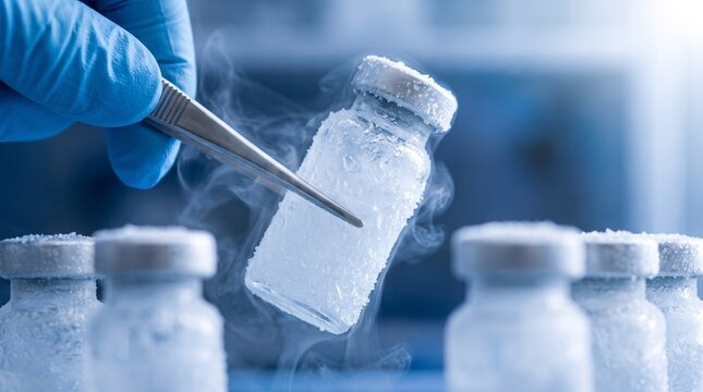Frost-covered vaccine vials lifted from cold storage