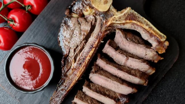 T-bone steak, beef meat grilled until done rare with salt and spices. T-bone steak