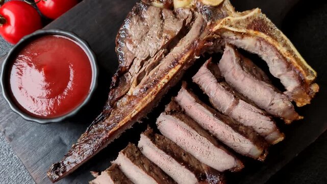T-bone steak, beef meat grilled until done rare with salt and spices. T-bone steak