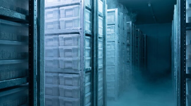 Cryogenic storage racks in a pharmaceutical biorepository