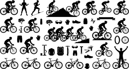 Fototapeta premium Cycling Sports Silhouette Icon Set with Bicycle Riders Mountain Bikers Road Racing Gear and Equipment Elements for Marathon Graphic Designs