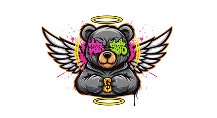 Fototapeta premium Graffiti bear with wings and halo isolated on transparent background, isolated on white background, Vector