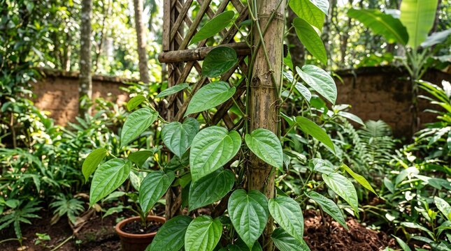 Fresh green betel leaves growing on bamboo pole, Piper betle or daun sirih plant climbing on wooden trellis in the garden, natural herbal medicine ingredient
