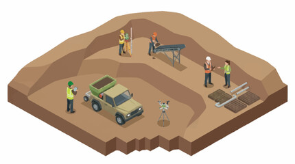Archaeological excavation site with workers and off road vehicle. © Achmad