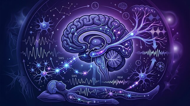 Neuroscience illustration of brain waves and neural activity in sleep