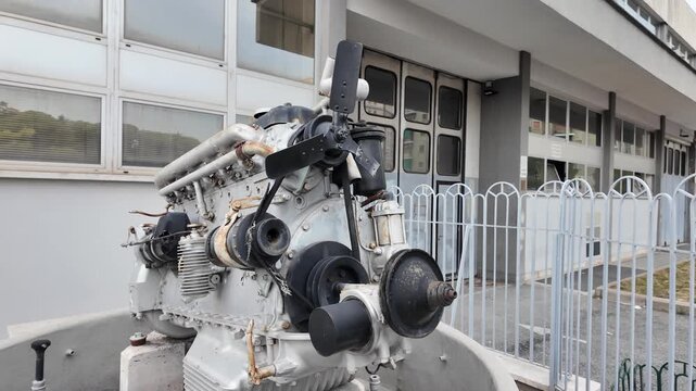Slow motion view of an old vintage engine as a museum exhibit