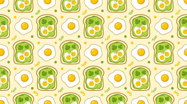 Seamless pattern with avocado toast and fried eggs on yellow