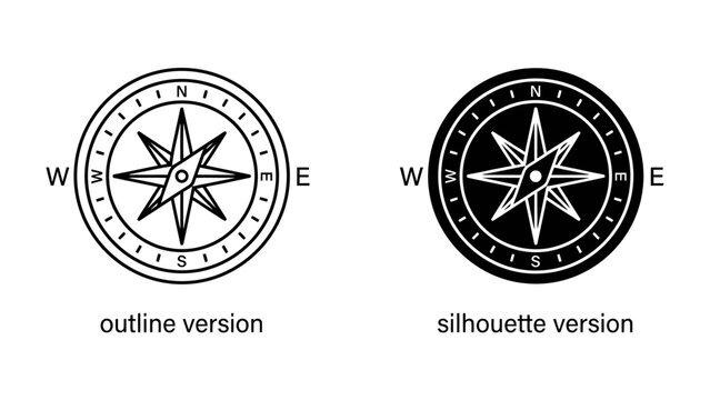 Compass Icons: A set of two compass icons, one in an outline version and the other as a silhouette, both displaying the cardinal directions N, S, E, and W with a detailed wind rose in the center.