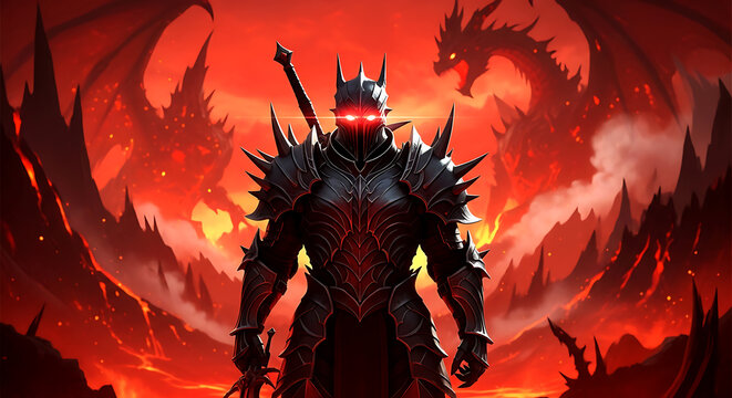 Fierce armored knight with glowing red eyes wearing dark spiked metal plate armor and sword